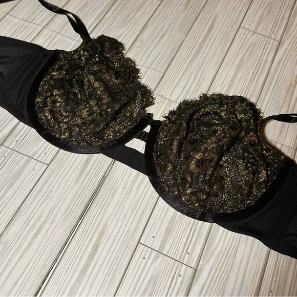 Cacique Unlined Balconette Bra 46C Black & Gold Lace Underwire - Picture 6 of 9